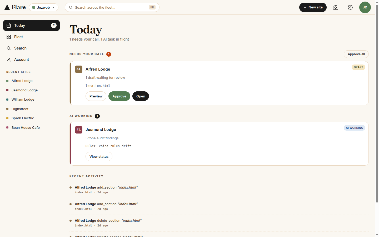 Flare workspace — Today tab with drafts waiting, AI working, recent activity