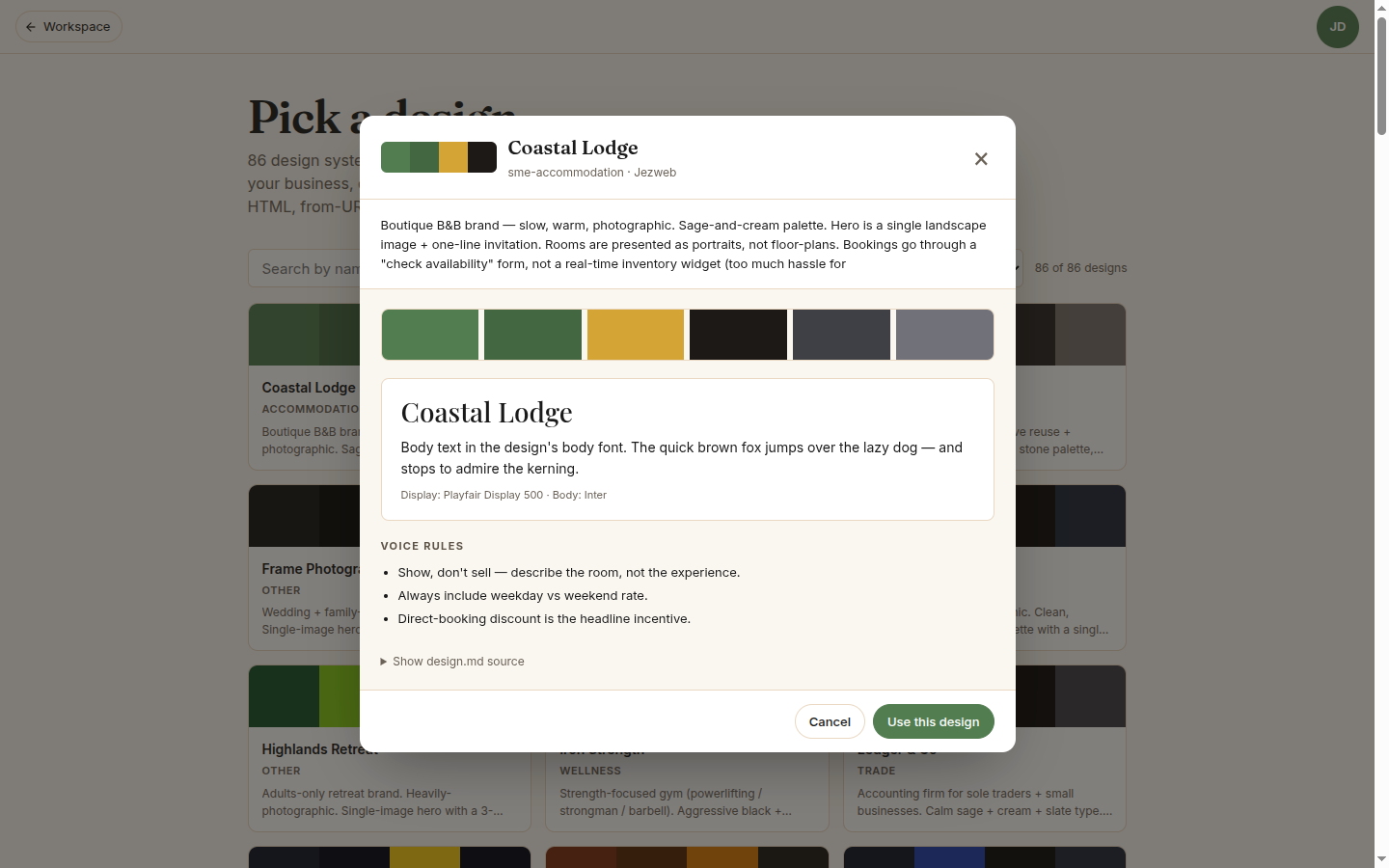 Design library preview modal — colour swatches, typography sample and voice rules